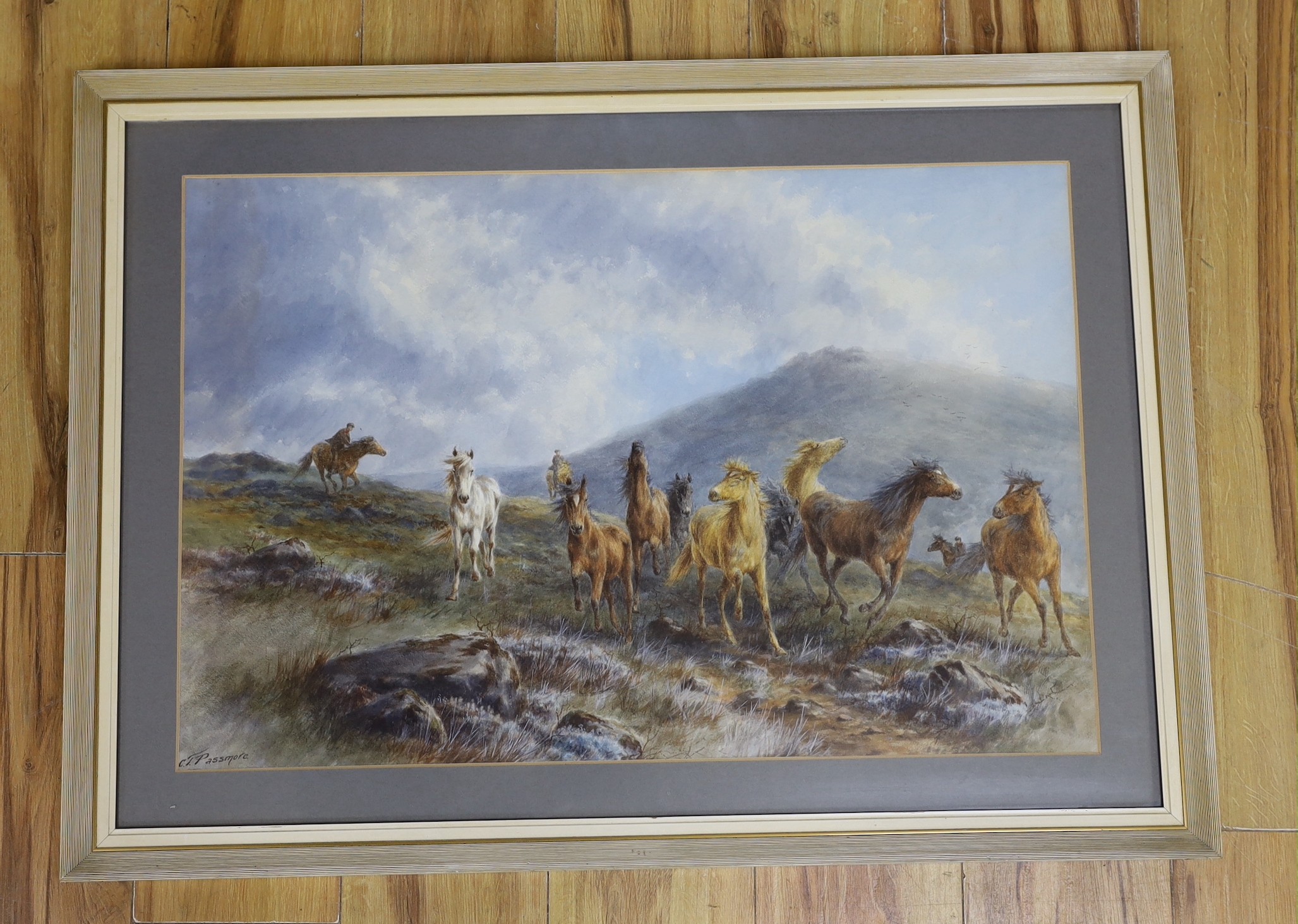 C.J. Passmore [Tom Rowden] (1842-1926), watercolour, Riders herding wild ponies on the moors, signed, 47 x 70cm